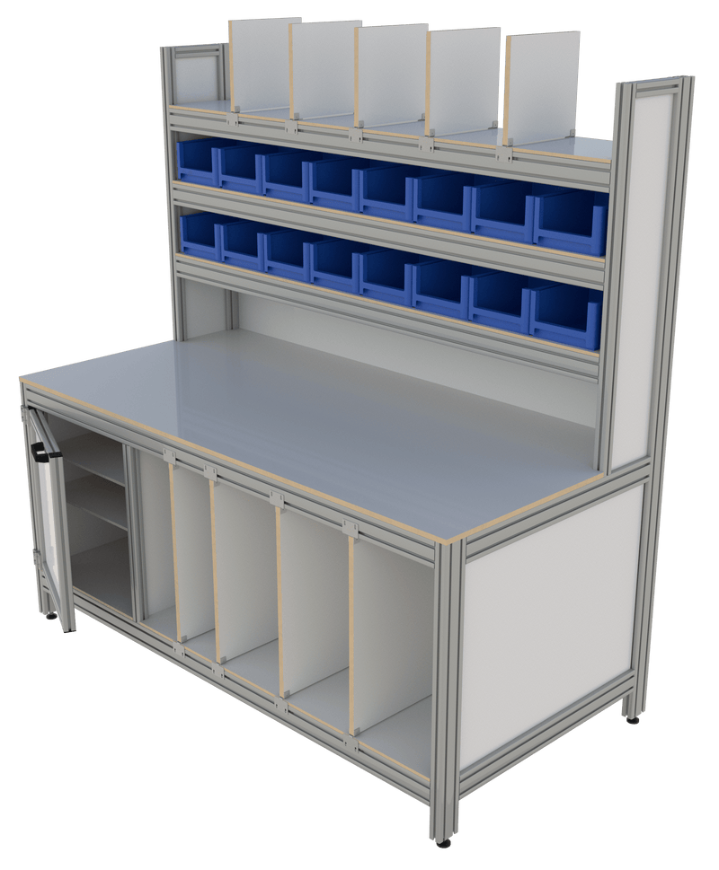 Werk- en inpaktafel - met deur, hoge opbouw en vakverdeling