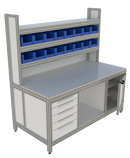 Werk- en inpaktafel - met ladeblok, deur, hoge opbouw en vakverdeling