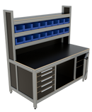 Werk- en inpaktafel - met ladeblok, deur, hoge opbouw en vakverdeling