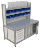 Werk- en inpaktafel - met ladeblok, deur, hoge opbouw en vakverdeling