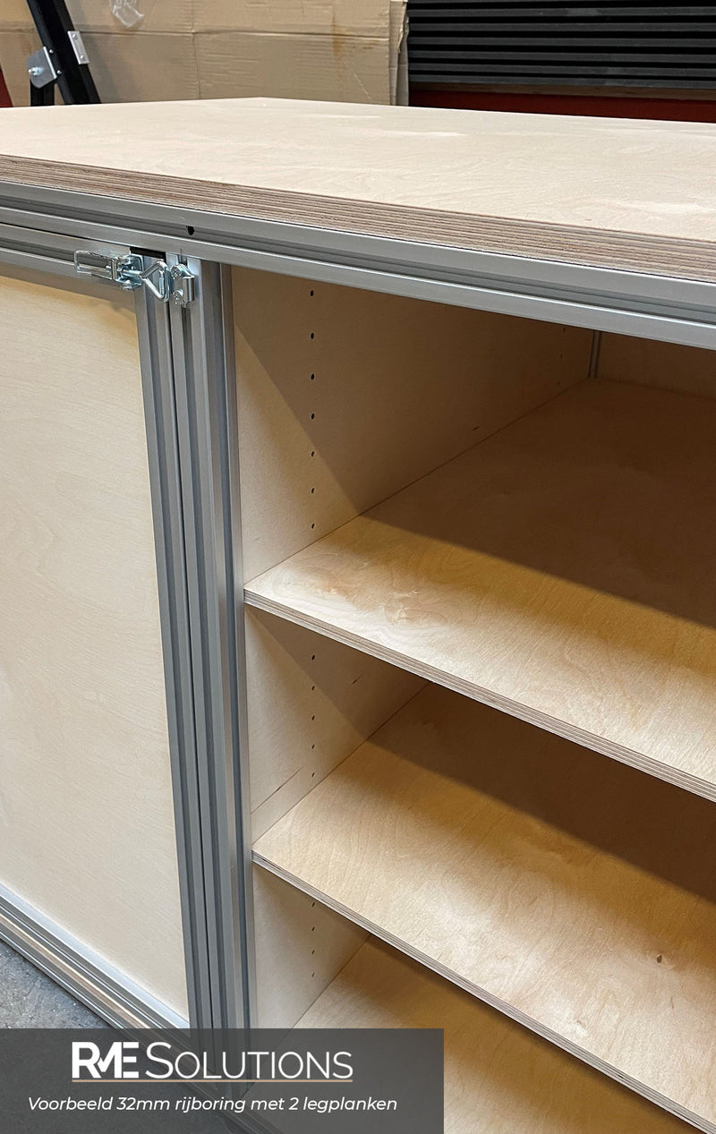 Werkbank WP-3S-L in Berken Multiplex voorbeeld 32mm rijboring met 2 legplanken